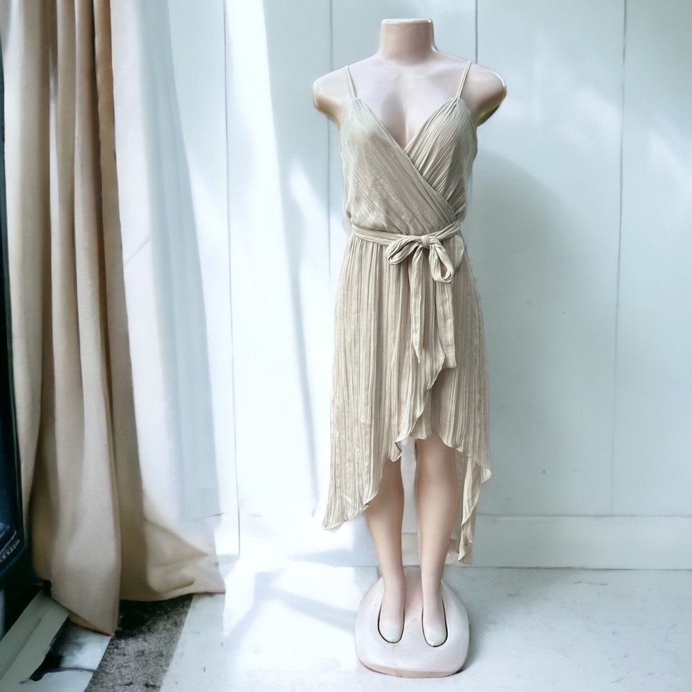Express Champagne Metallic Pleated High Low Dress Wedding Guest